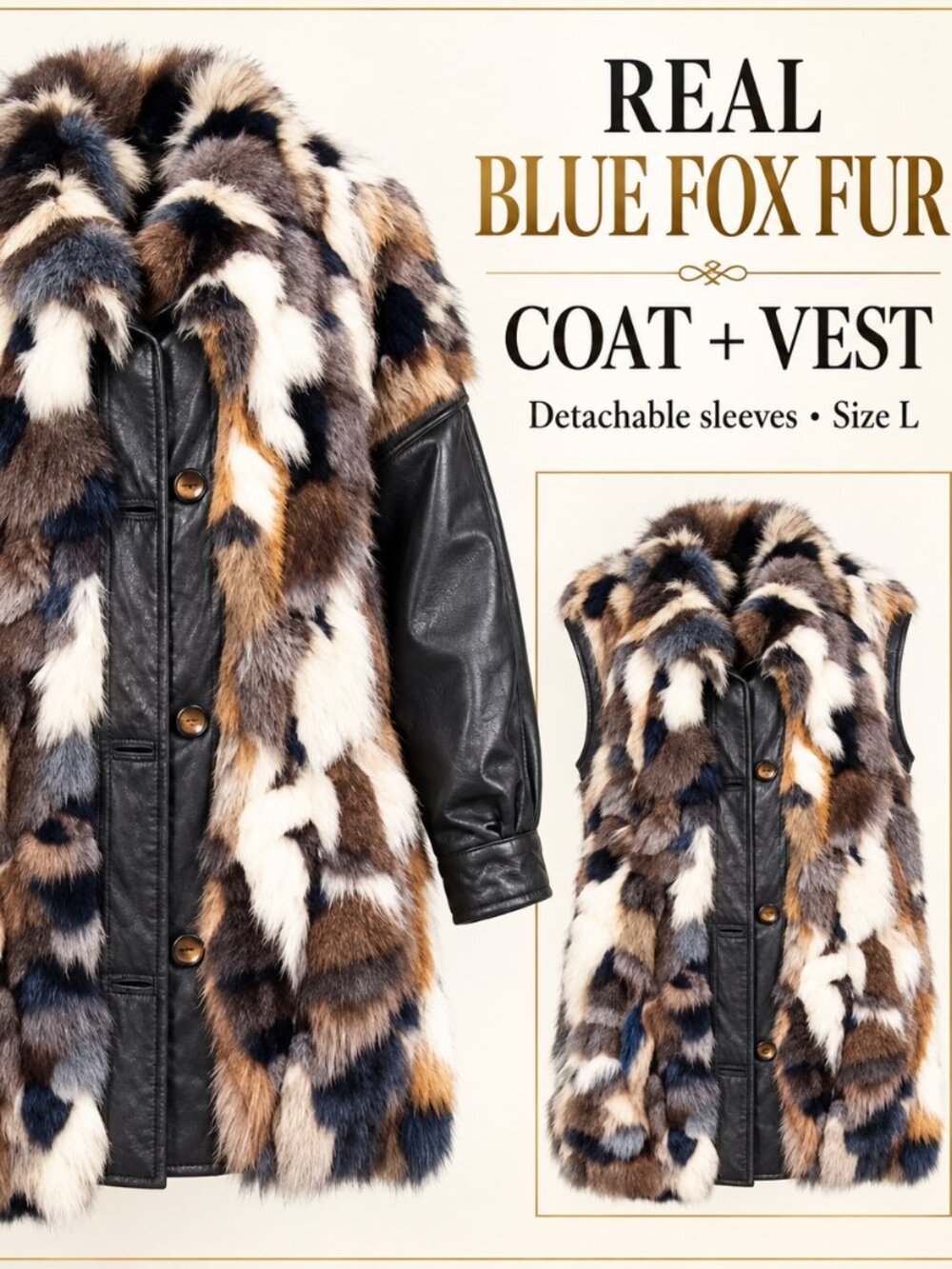 Real Blue Fox Fur & Leather Coat / Vest • Detachable Leather Sleeves • Size L